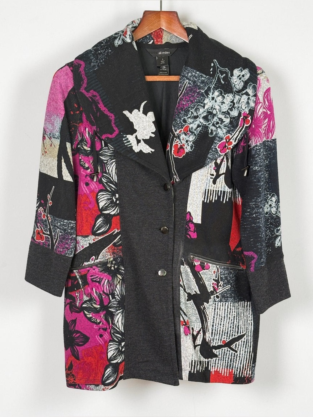 Ali Miles Floral Patchwork Knit Cardigan Jacket Button Front 3/4 Sleeve Small